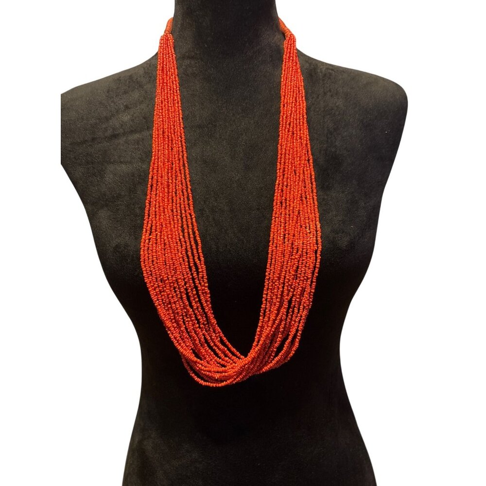 Handcraft Artisan Necklace Multi-Strand Native Red Seed Bead Bold Statement Vtg